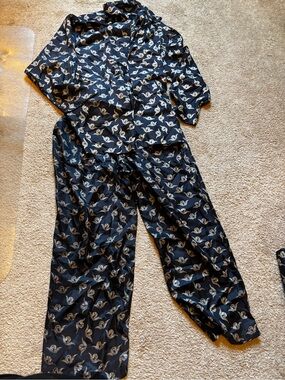 S.Oliver women's Navy Blue Bird-Print  100% silk Pajama Set made in Germany